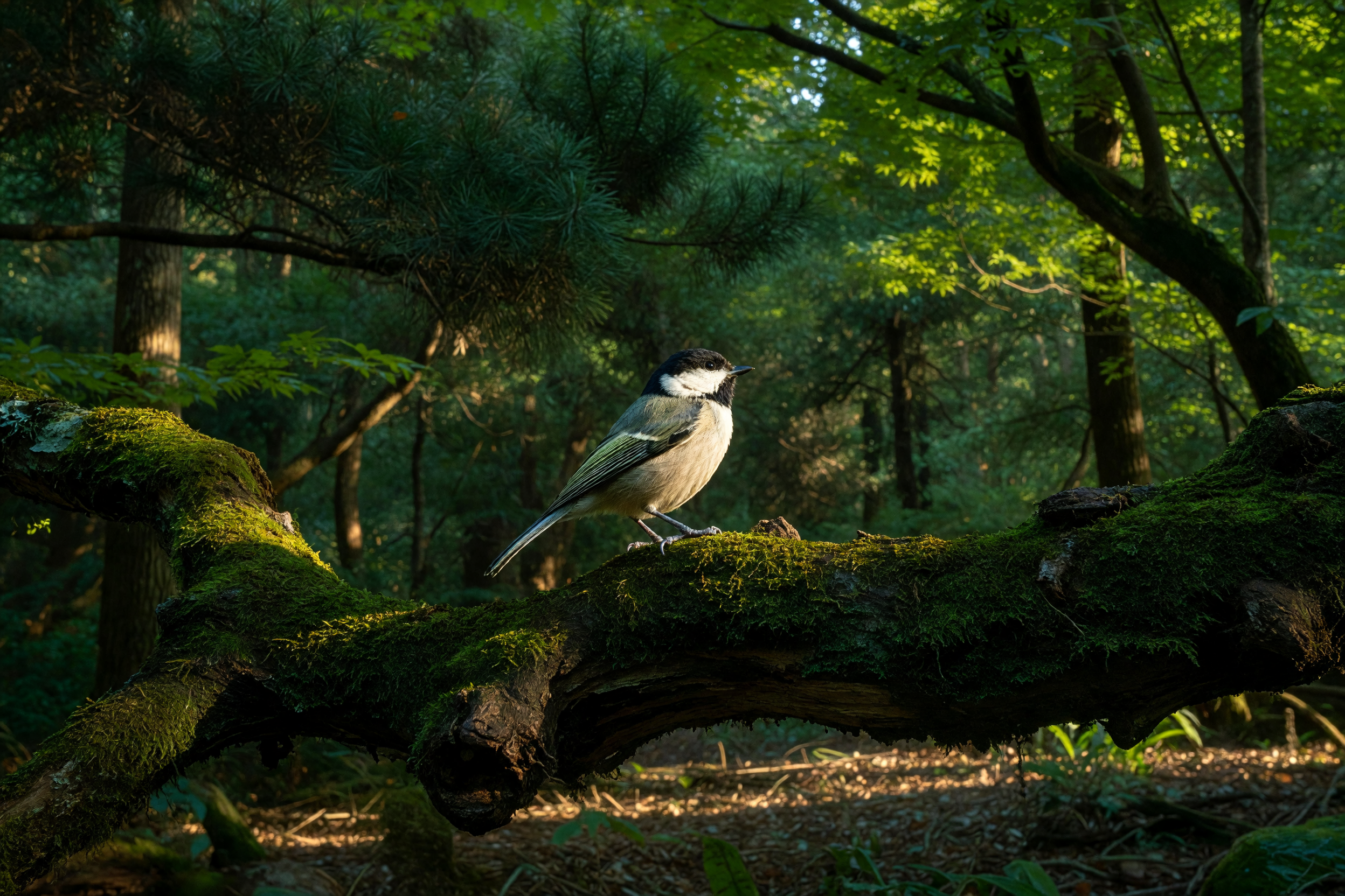 苔むした枝にとまる野鳥